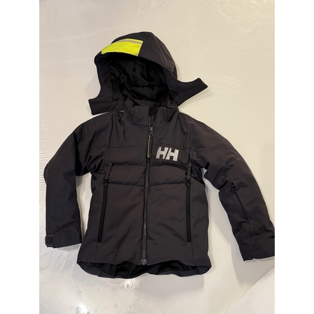 Helly Hansen Kids Ski Jacket Black Neon VizLite DT Reflective Winter Coat Hooded